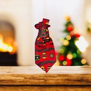 Festive Red Holiday Necktie with Tree Brooch